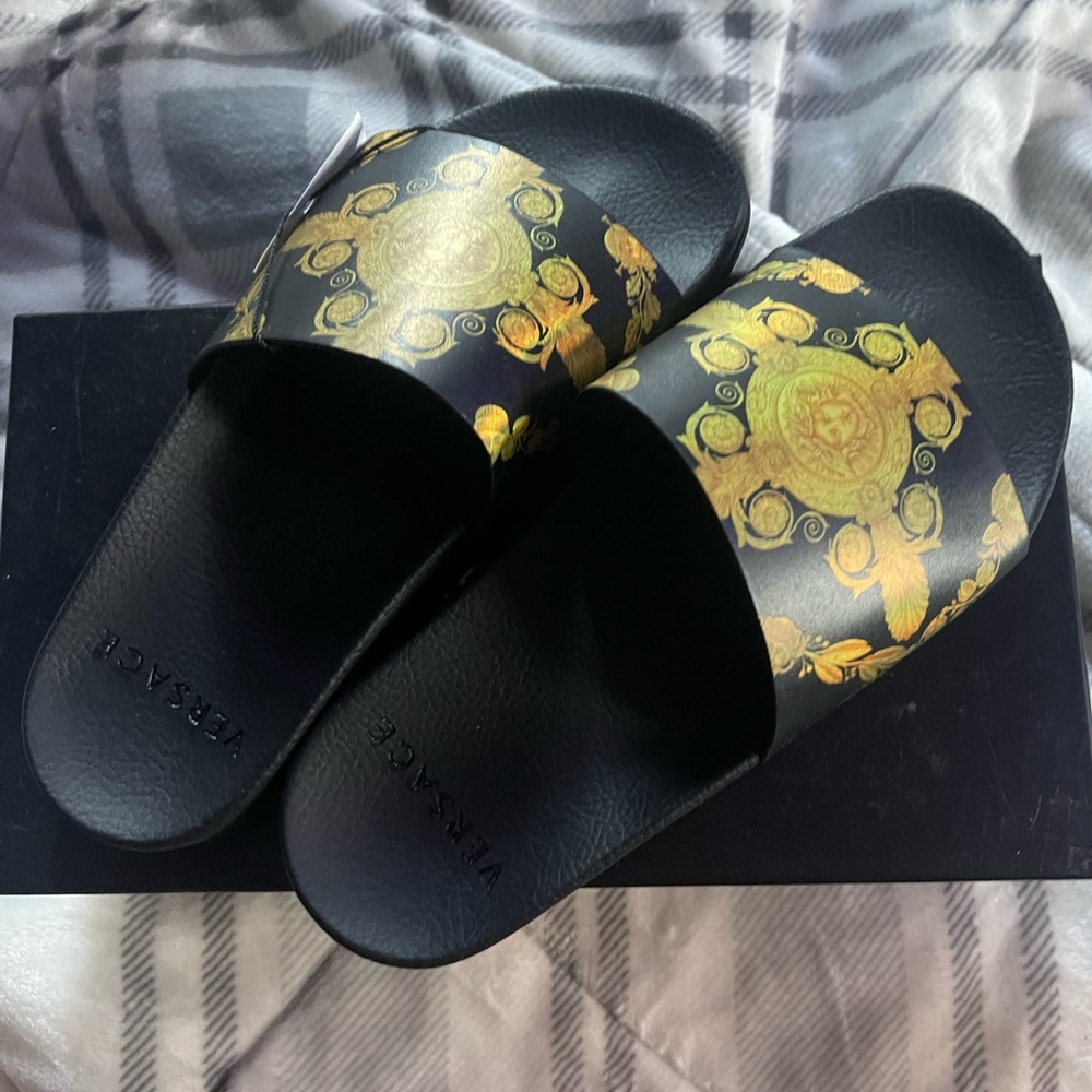 Versace Black Slides with Gold Medusa Pattern